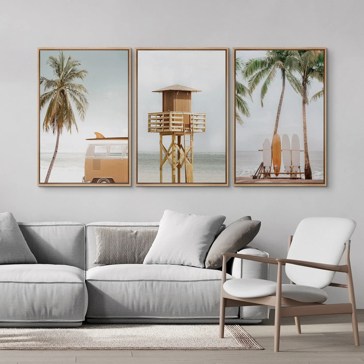 Wall Art Set of 3 Tropical Palm Tree Beach Lifeguard Pier Surfboard Print Ocean Photography Coastal Cottage Coastal Room Decor