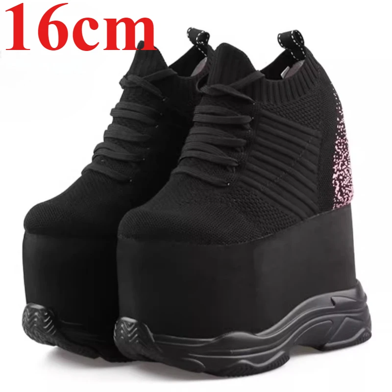 Height Increasing Dad's Shoes 16cm Soft Soled Sports Casual Shoes for Women's Knitted Elastic Fabric Wedge Heel Thick Soled Shoe