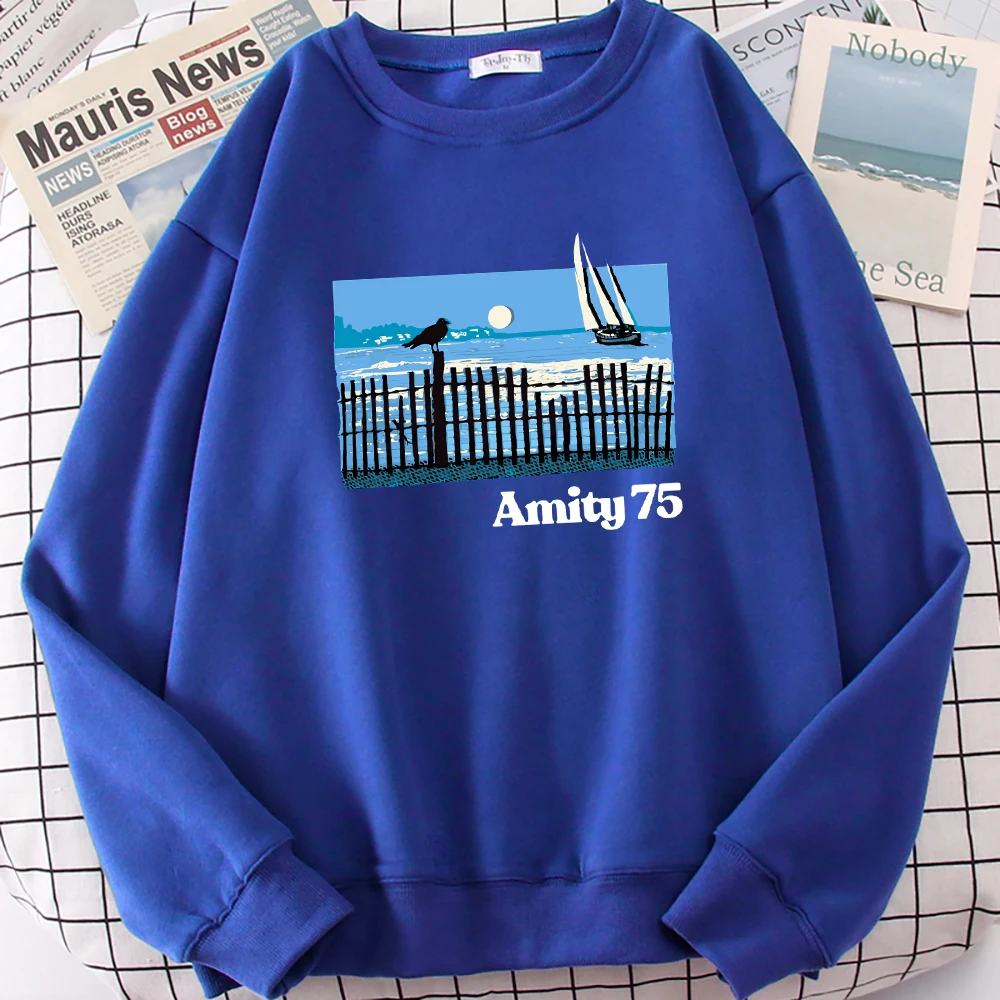 Amity 75 Wave Sailboat Pattern Women Sweatshirt Fleece Autumn Streetwear Crewneck Oversized Pullovers Hipster Hip Hop Clothes