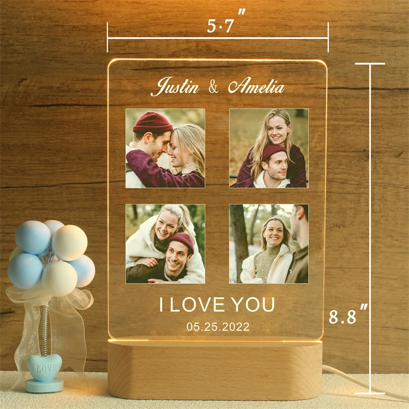 Personalizado Acrílico Photo Lamp,Custom LED Night Light,Photo Frame, presente para casal, presente de aniversário, presente de casamento