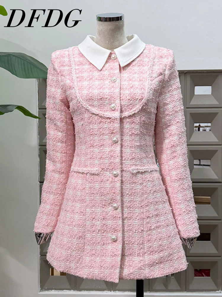 

DFDG 2025 Spring Autumn Women's Minimalist Knit Wool Blend Coat Dress Long Sleeve Polo Patchwork Button Front Hip-Length Coat