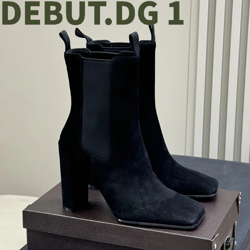 Elegant Square Toe Genuine Leather Ankle Boots Chunky Heel Women's Fashion Booties Comfortable Versatile Autumn Winter New
