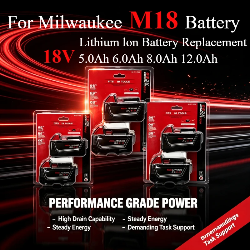 For Milwaukee M18 18V Replacement Battery 6.0Ah 8.0Ah Li-ion High Capacity Compatible with 48-11-1860 18650 for Cordless Drill