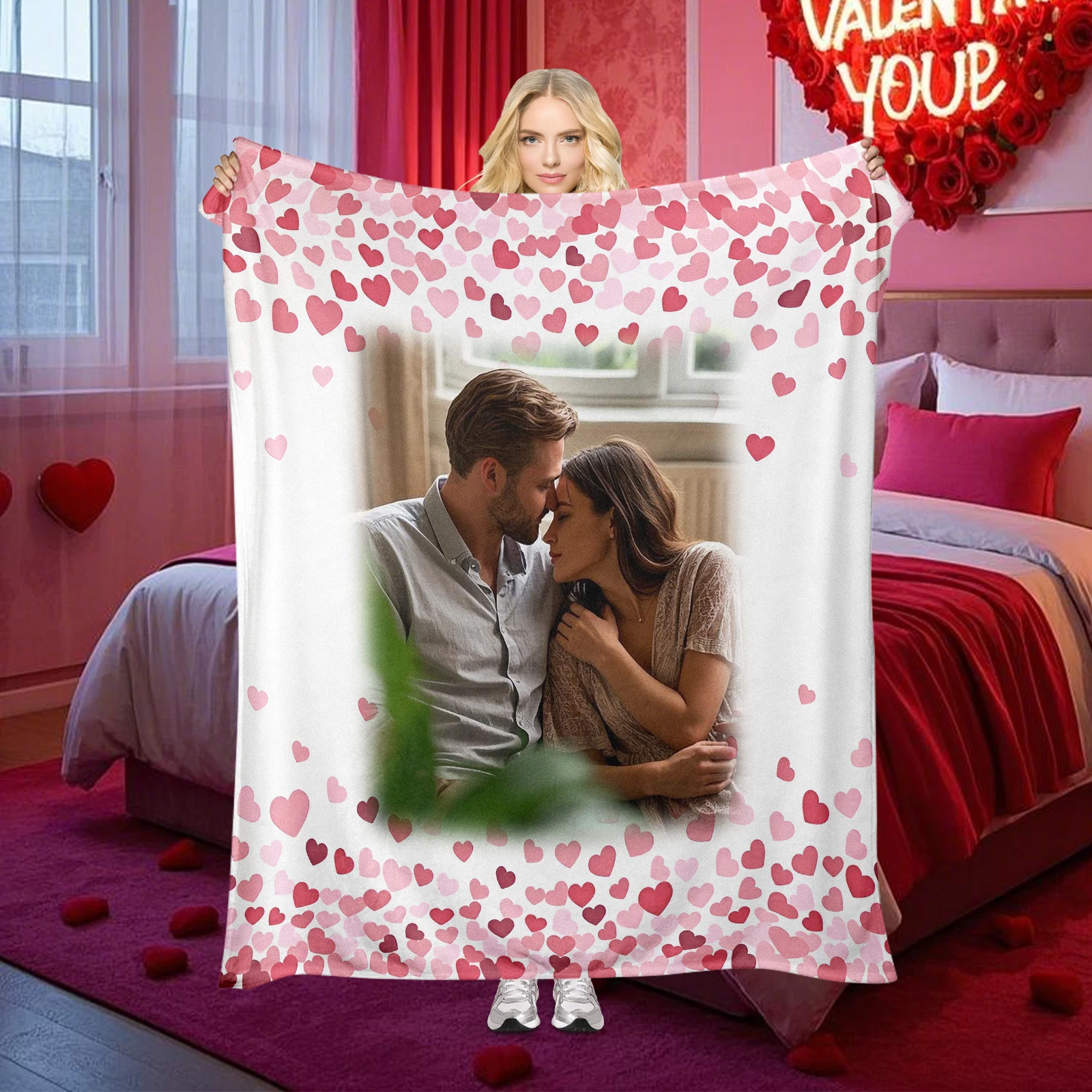 Manta peluda con imagen personalizada, símbolo del amor, patrón de corazón con tema de amor, regalo del Día de San Valentín, manta de aire acondicionado