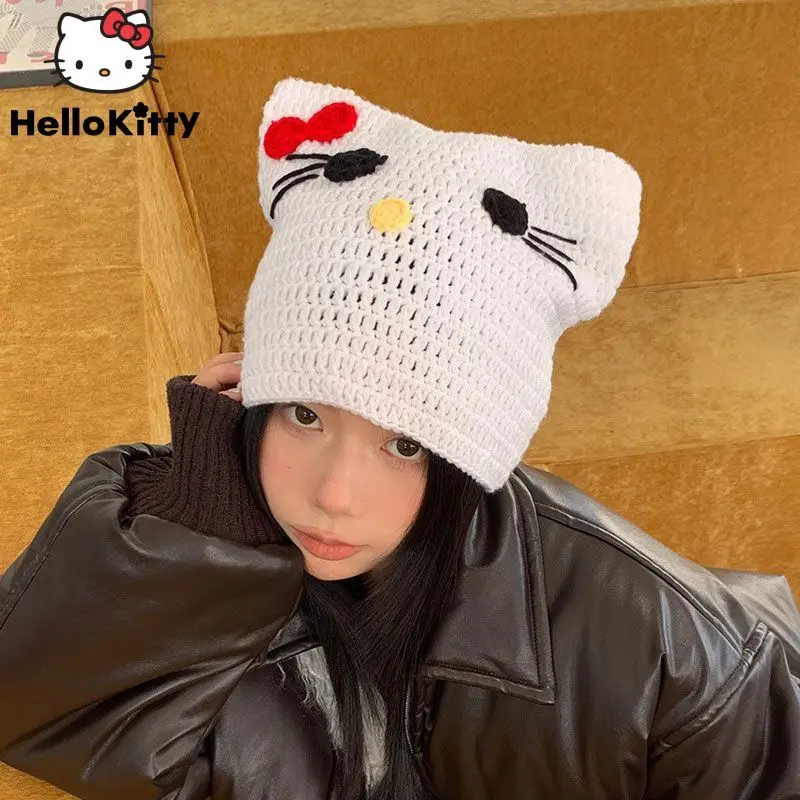 

Sanrio Hello Kitty Handmade Knitted Hat Women's Winter Warmth Sweet Y2k Style Hat Korean Version Trend Cute Design Hat Accessory