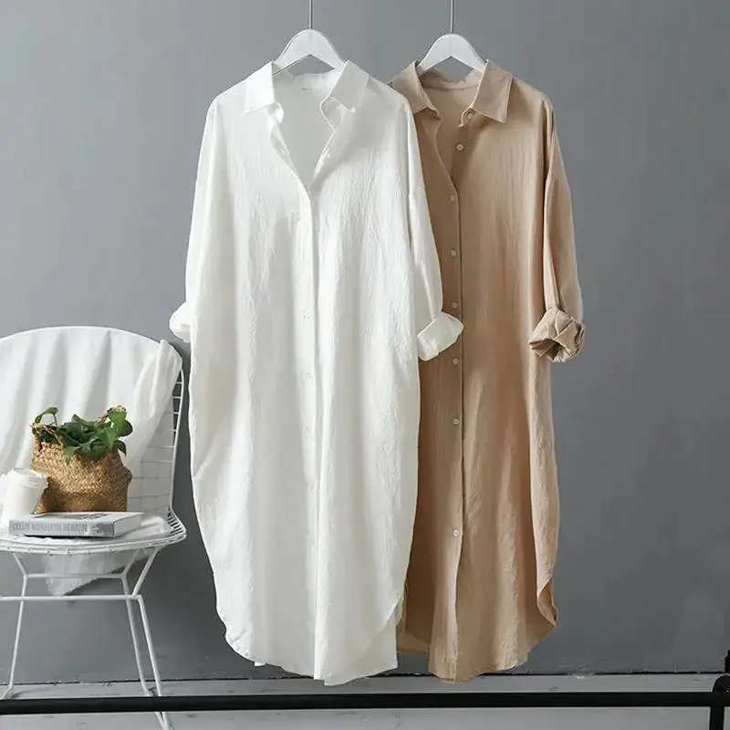 Blusa informal de lino y algodón para mujer, Vestido camisero blanco de longitud media, ropa coreana Vintage, Tops elegantes para primavera y otoño, 2024