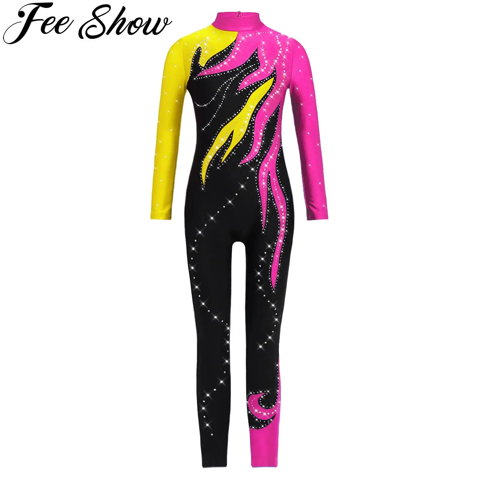 

Girls Long Sleeve Shiny Rhinestones Ballet Dance Gymnastics Leotard Unitards Figure Skating Acrobatics Yoga Performance Costume