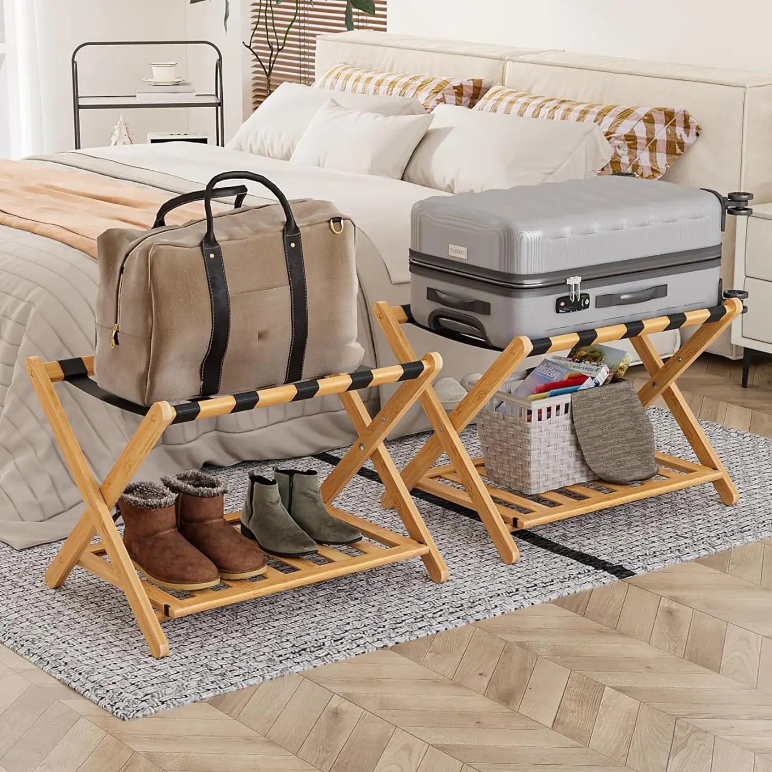 

Fully Assembled Luggage Racks Pack of 2, Folding Suitcase Stand with Storage Shelf, Bamboo Luggage Stand with 5 Nylon Straps for