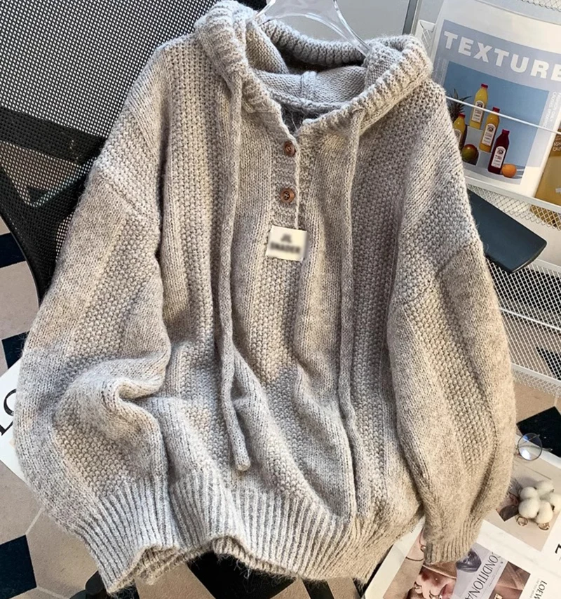 Chic Solid Hooded Sweater Women Autumn Winter New Long Sleeves Loose Warm Knitted Hoodies Fashion All-matched Soft Female Tops