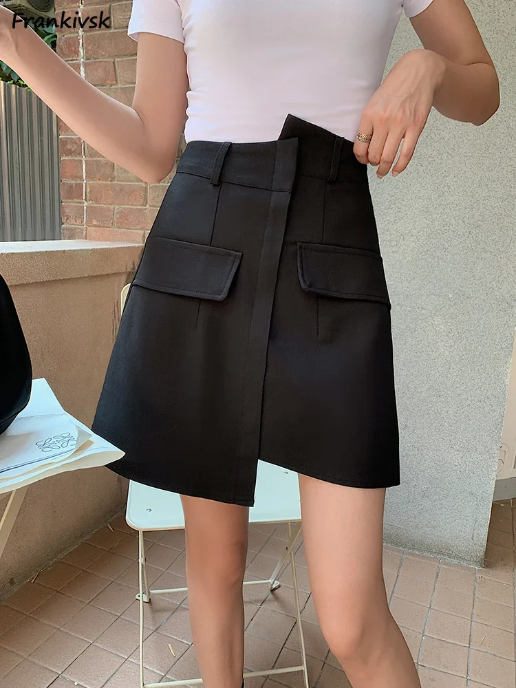 

Asymmetrical Skirts Women Pocket Hotsweet Elegant Fashion Leisure Korean Style High Waisted All-match Solid Streetwear Faldas