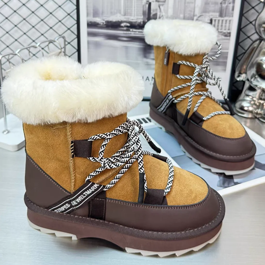 

Winter Fashion Snow Boots Women Short Tube Thick Bottom Non-slip Shoes Lace-up Ankle Boots Thick Sole Shoelace Pendant Sneaker