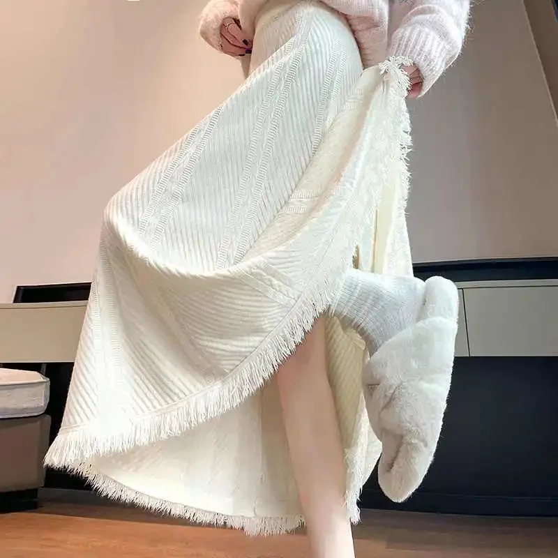 Tassel Knitted Half Skirt Women's Autumn Winter New Thickened High Waist Female Long Skirts Fashion Sweater Knitt Flared Skirts