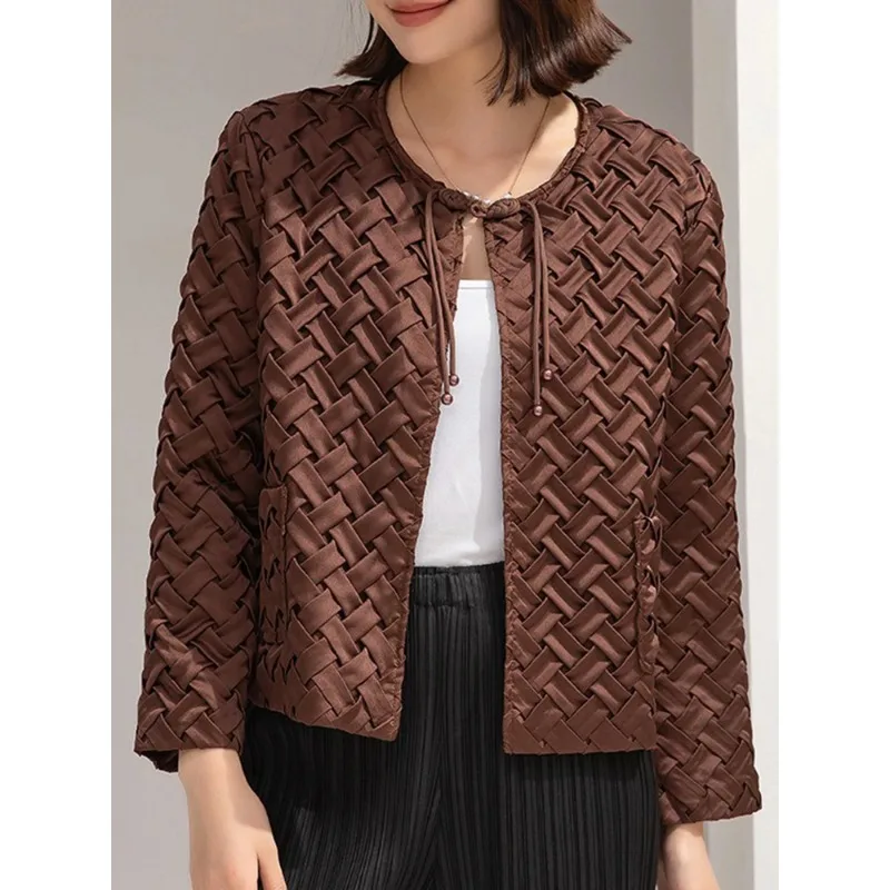 YUDX Miyake Pleated Round Collar Jackets Women Full Sleeve Single Button Pockets Versatile New 2024 Solid Color Autumn Female