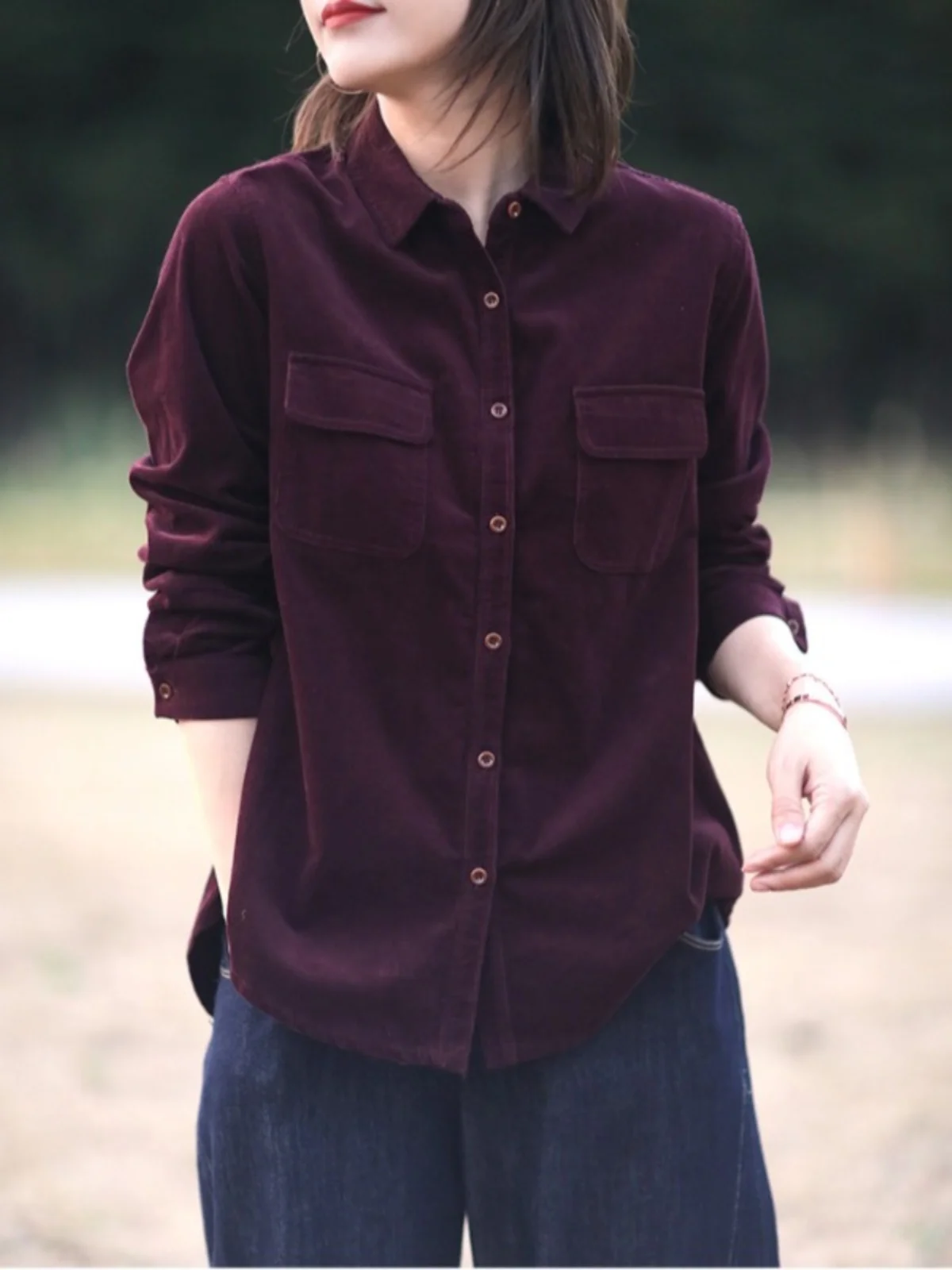 

Retro Faionable Workwear Corduroy Long Sve irt Women's Loose Casual Versatile Layering irt Spring Season Top