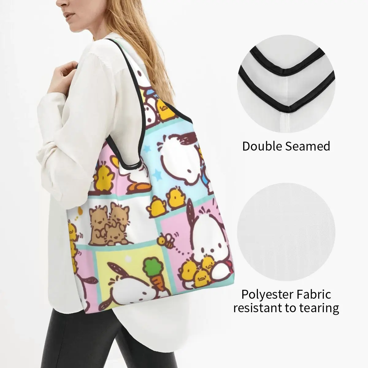 Custom Reusable Pochacco Sanrio Cartoon Shopping Bag Women Tote Bag Portable Grocery Shopper Bags