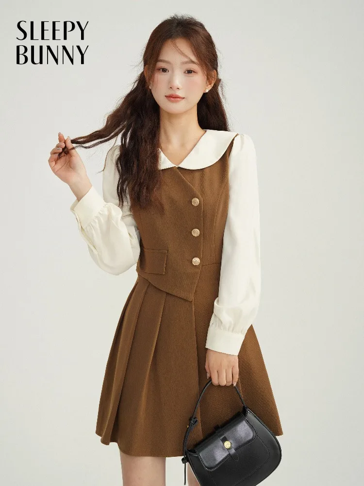 

Женское платье-двойка с контрастными вставками, элегантное мини-платье с высокой талией и длинными рукавами, весенний образ в школьном стиле