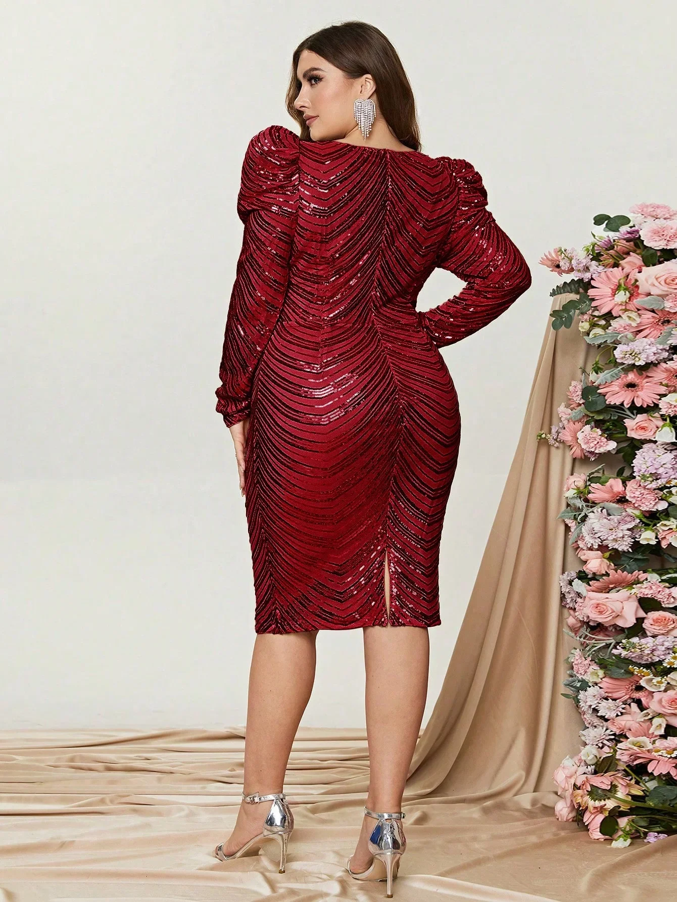 Plus Plunging Neck Gigot Sleeve Sequin Midi Dresses