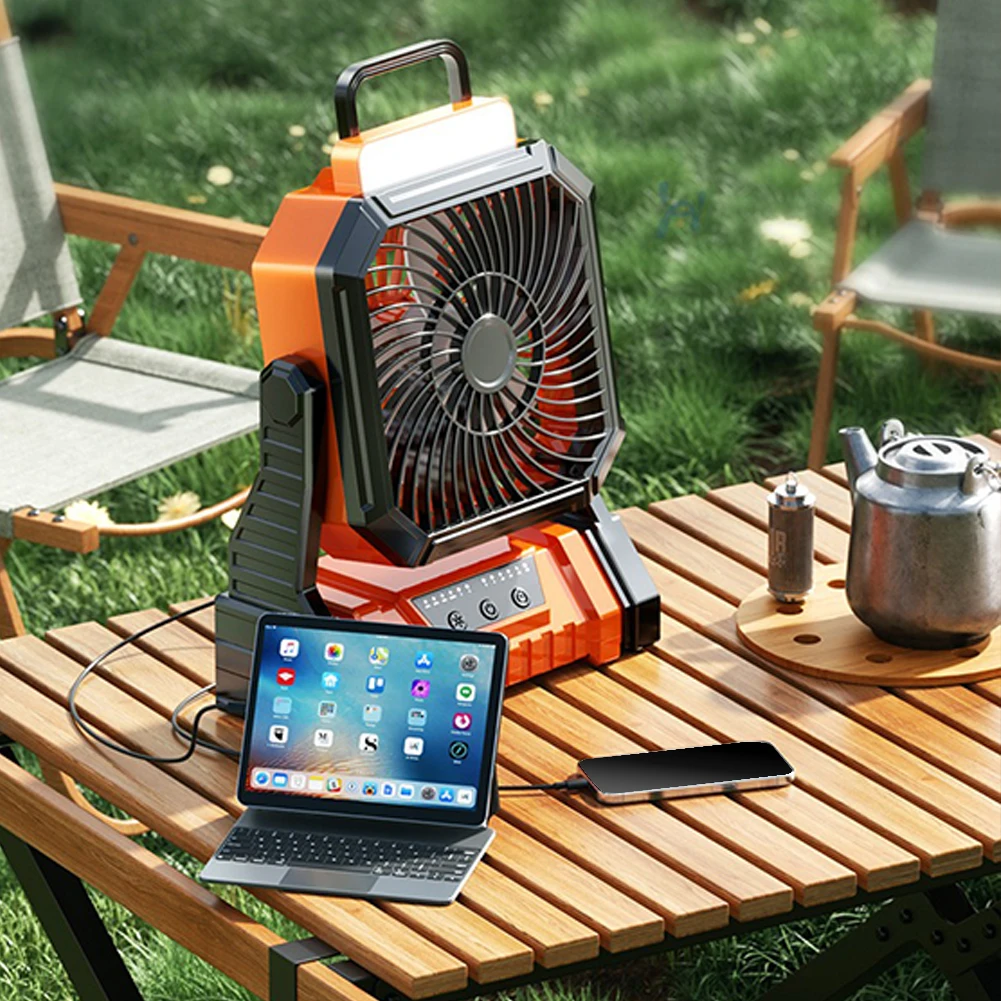 Portable Fan USB Rechargeable 5400mAh Battery Powered Fan Camping Fan With LED Lantern Hook Rotation Head Tent Fan