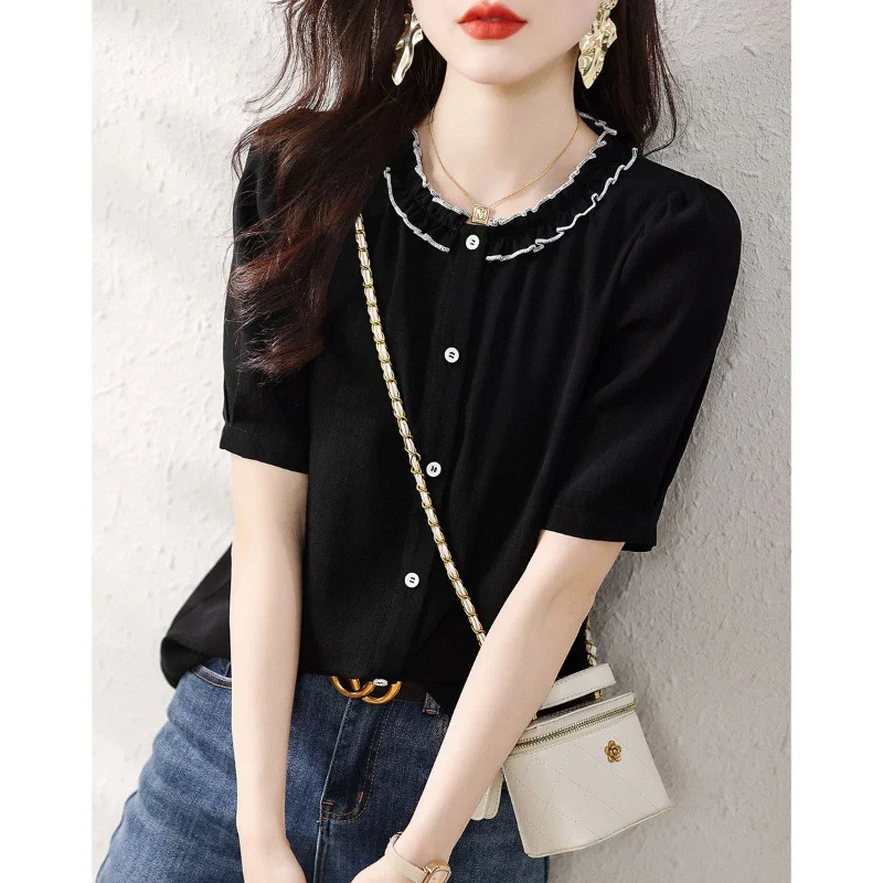 Summer Fashion Color Block Single-breasted Blouse Women Classic Short Sleeve O-collar All-match Office Casual Lady Shirt