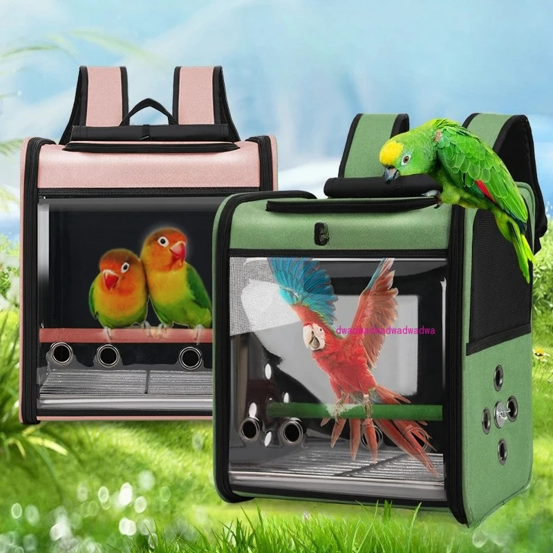 

Nylon Pet Bird Travel Bag Backpack Portable Outdoor Panoramic Transparent Double Food Cup Holder Bird Bag Standing Stick