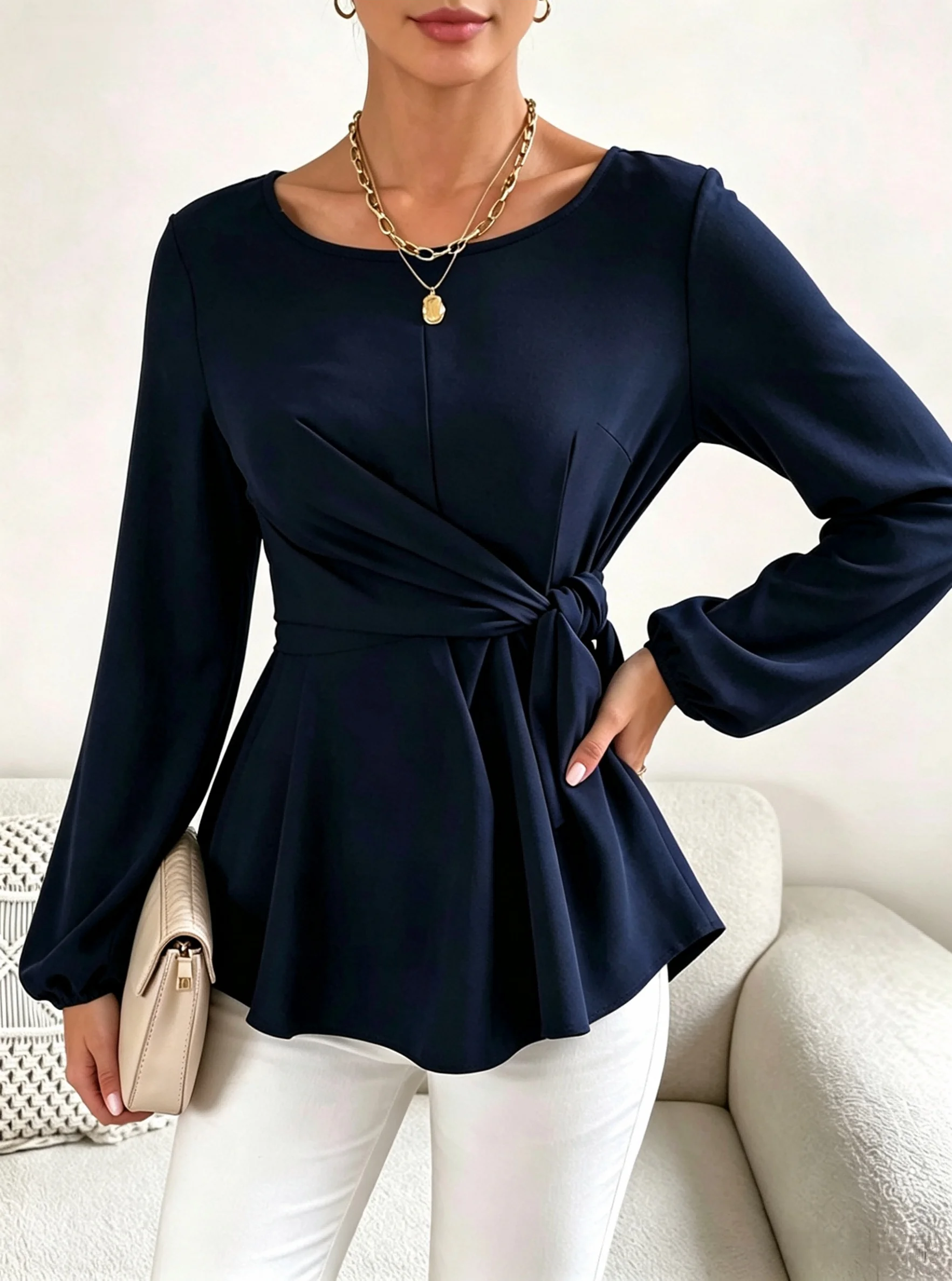 Women's Long Sleeve Top T-Shirt Wrap Waist Peplum Blouse For Office Daily Wear Elegant O‑Neck S‑XXL Navy Autumn Slim Fit Shirt