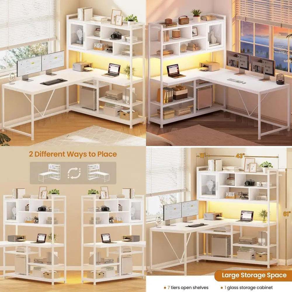 

L-образный угловой компьютерный стол 58, светодиодная подсветка и книжная полка, полки для хранения для домашнего офиса