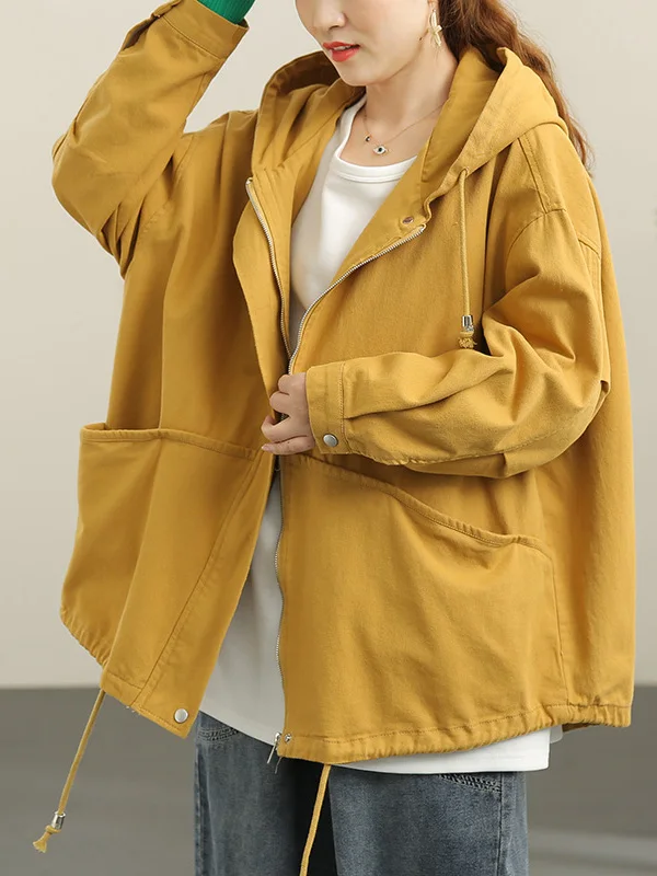 

Women's Mid-Length Hooded Windbreaker Coat Faionable Loose Fit Windproof Korean Sle Outerwear Autumn Season Long Sve