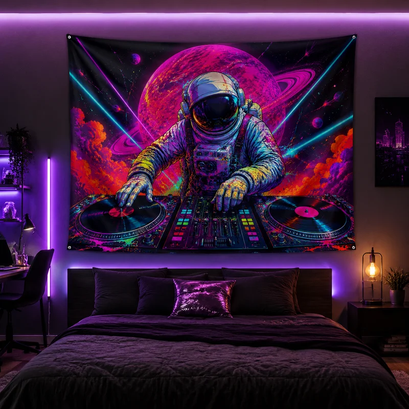 VIKAMA Neon DJ Astronaut Tapestry, Psychedelic Space DJ Booth Electronic Music Sci-Fi Wall Hanging, Bedroom Home Decor