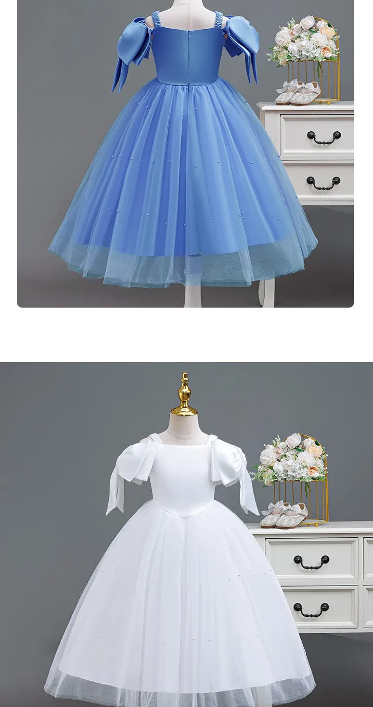 Girl Princess Dresses Solid  Big Bow Beading Girls Concert Dress Gown 4-12 Years Child Clothes