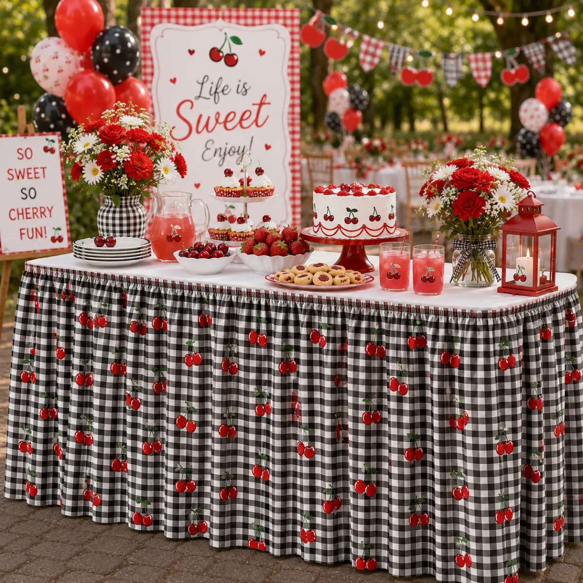 tableskirt 1 piece. 2D flat printing. With black and cherry pattern. Retro sweet and cool country style.