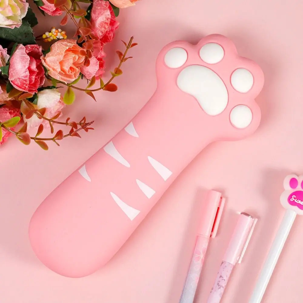 Portable Silicone Cat Paw Pencil Case Cartoon Large Capacity Pen Bag Candy Color Cosmetic Bag Children's Gift