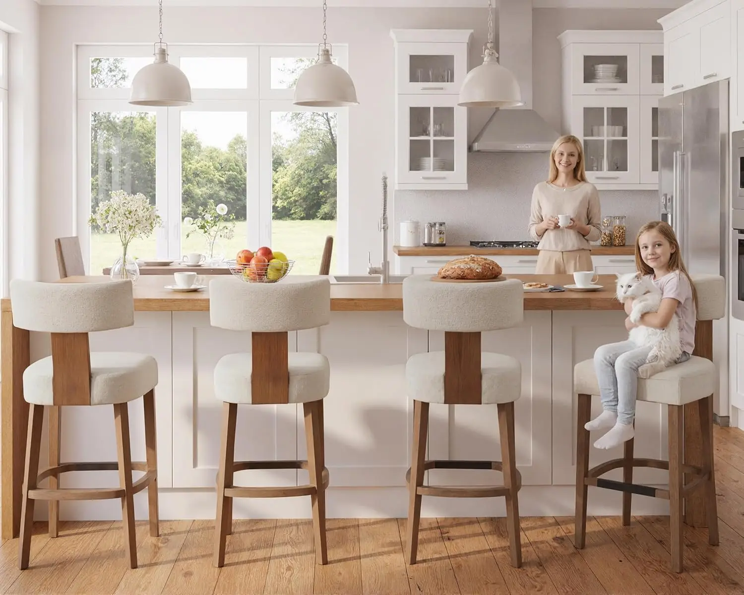 مجموعة مقاعد بار طويلة جدًا مقاس 30 بوصة مكونة من قطعتين، ومقاعد مضادة بدون ظهر من الخشب الريفي الحديث، ومنجدة من الكتان البيج، وكراسي جزيرة المطبخ