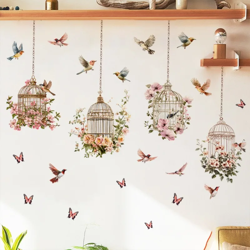 Green Leaves Bird Cage Wall Stickers for Living room Bedroom Decoration Plants Wall Decals House Interior Wall Decor Wallpaper