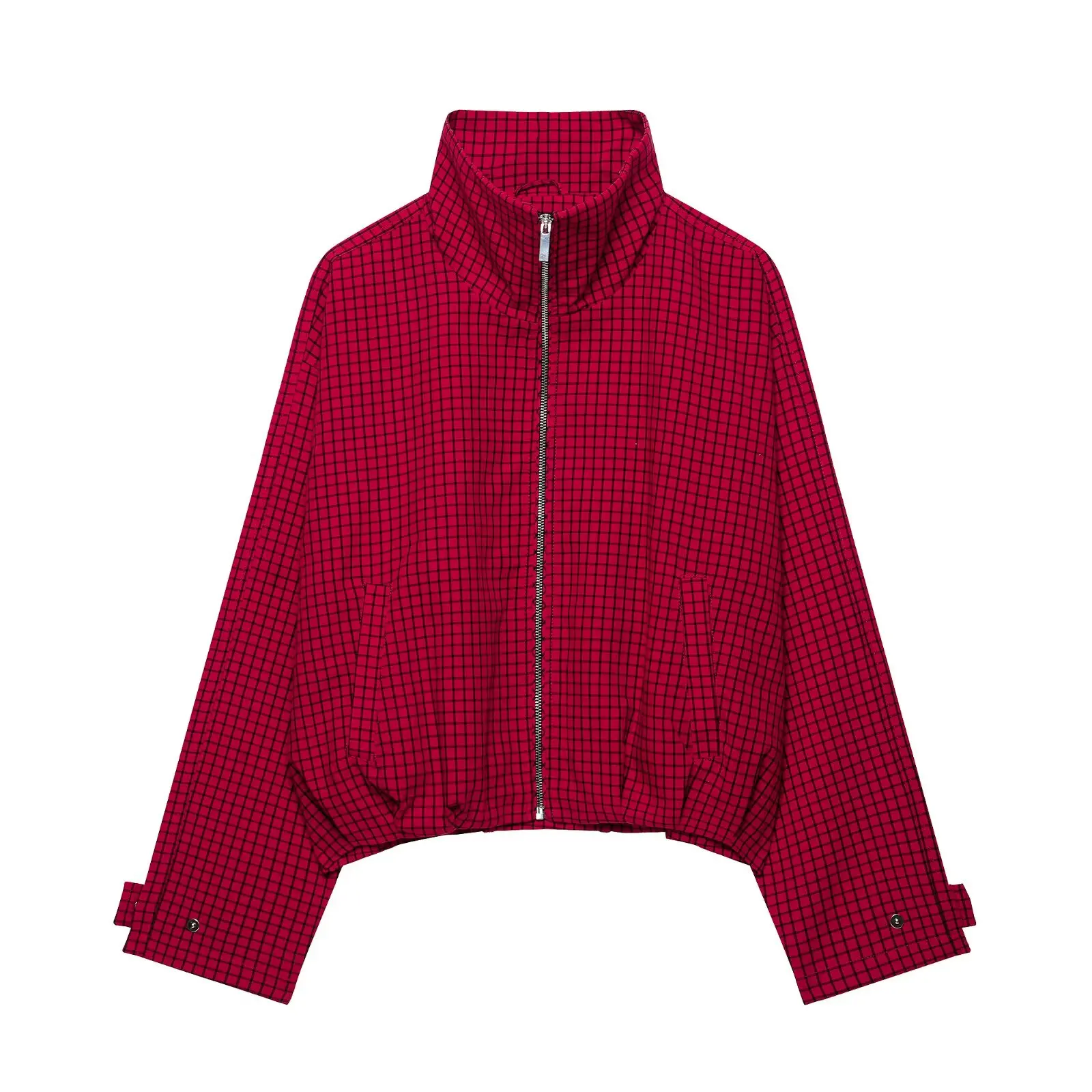 HH Damenmode, rote Jacke mit Karomuster, lange Ärmel, Stehkragen, Reißverschluss, lässiger Frühling/Herbst-Mantel, trendige High-Street-Oberbekleidung – Detail 2