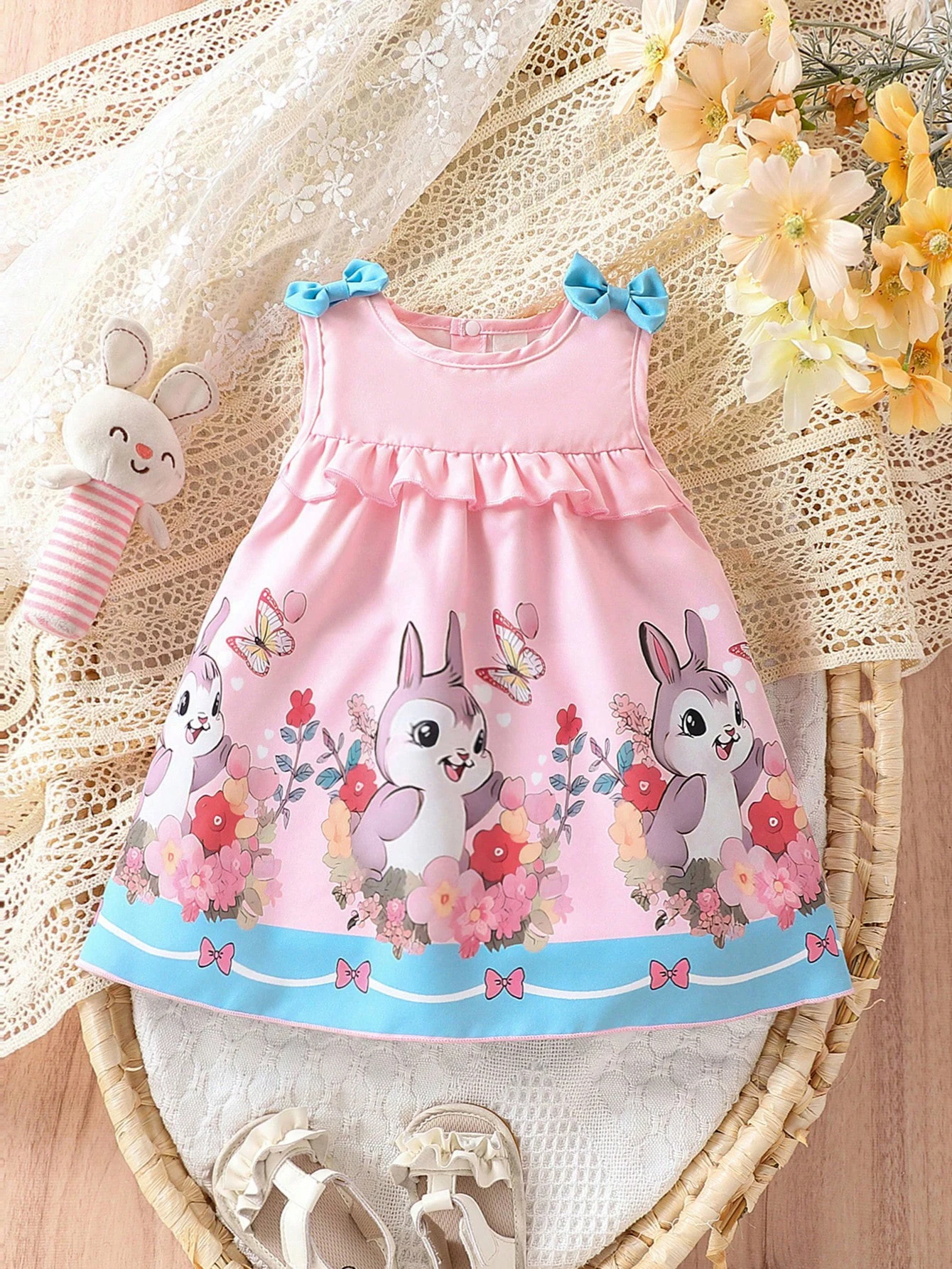 Summer Baby Girl Dress Sweet Cute Breathable Comfortable Casual Outing Bunny Print Stereoscopic Bow Sleeveless Dress