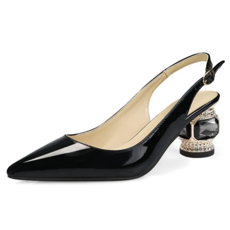 DIZHUANG Zapatos de tacón alto de moda para mujer. Zapatos de charol negro/rojo rosa con tacón de aproximadamente 5,5 cm, con tira trasera y punta puntiaguda.