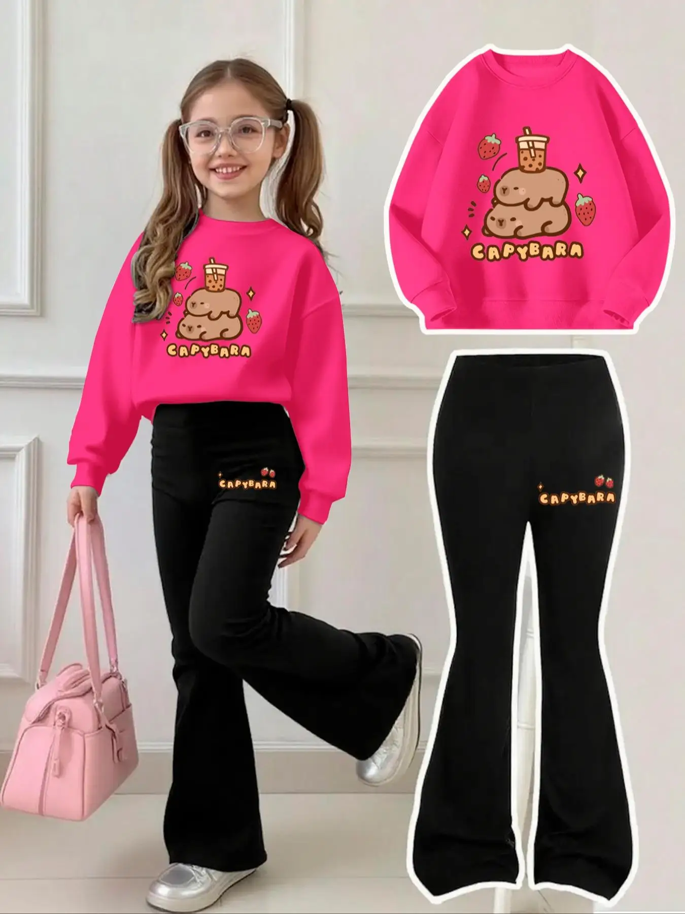 Girls' Capybara Milk Tea Sweatshirt and Flared Pants Set for Ages 4-12, Black Flared Pants with Side Lettering “Capybara” + Strawberry Print Two-Piece Outfit