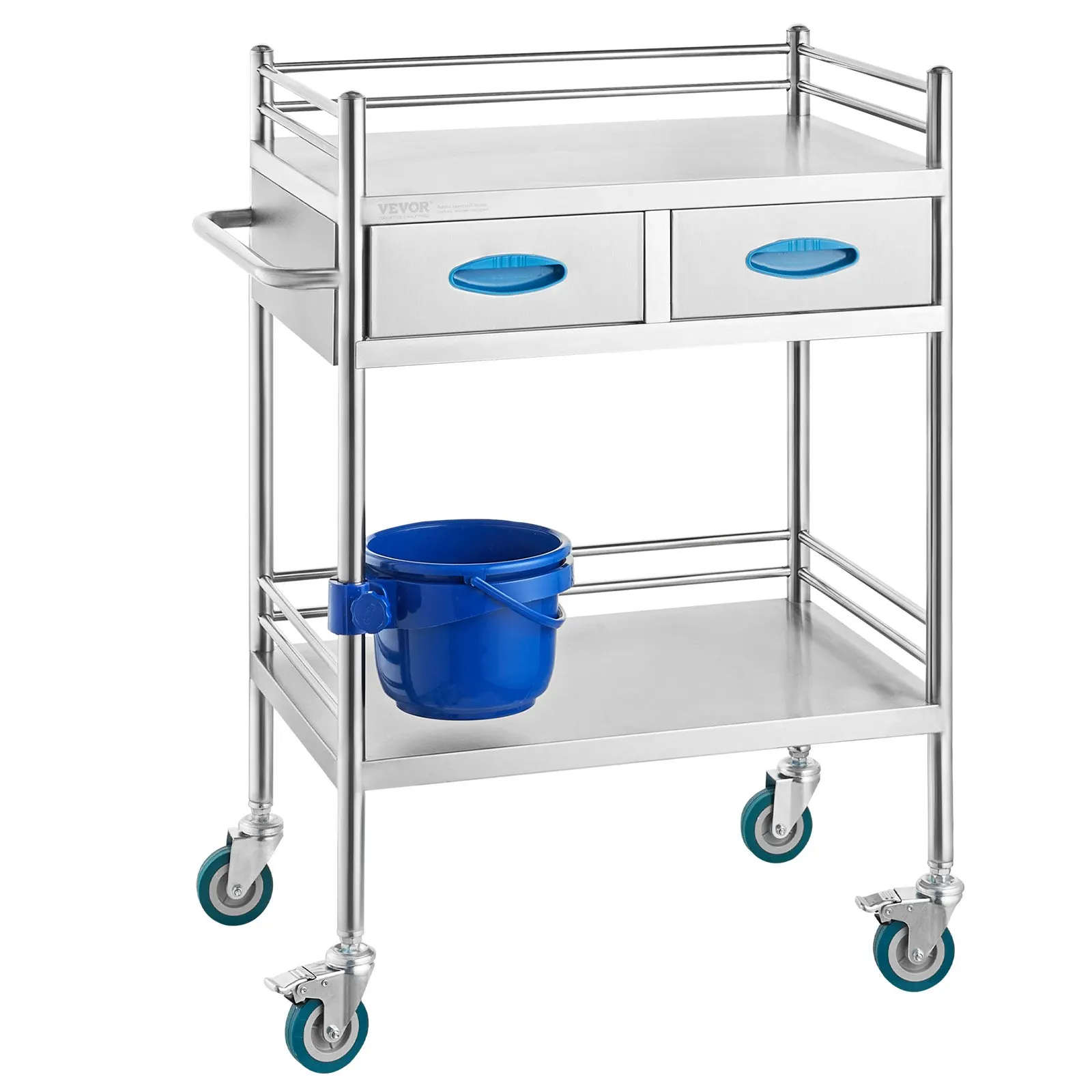 Chariot de laboratoire, chariot roulant à 2 niveaux en acier inoxydable, chariot médical avec deux tiroirs, chariot dentaire avec roues verrouillables et un seau, pour laboratoire, hôpital, usage dentaire