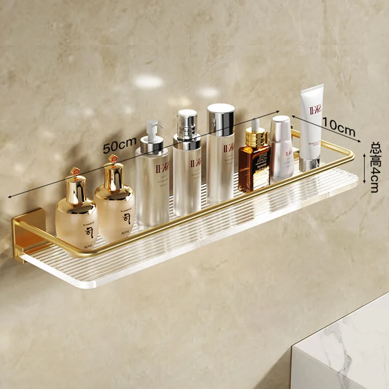 Brushed Gold Bathroom Shelf With Rod 30-50cm Towel Bar Acrylic Wall-mounted Towel Rack Shower Storage Rack Bathroom Hardware