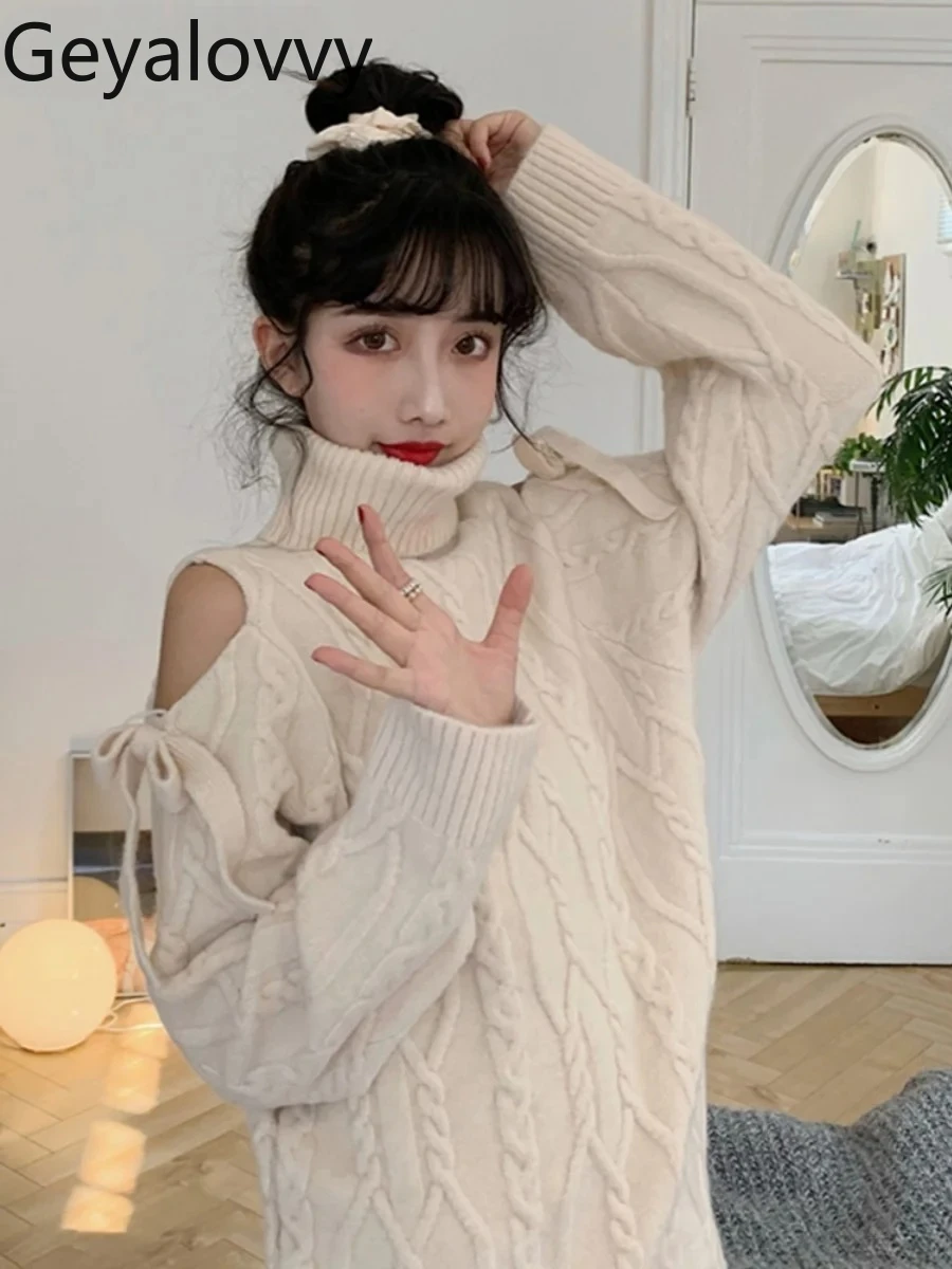 مثير الحلو الخريف الشتاء القوس خارج الكتف سترة فستان المرأة بلون الياقة المدورة طويلة الأكمام تنوعا محبوك فساتين #1