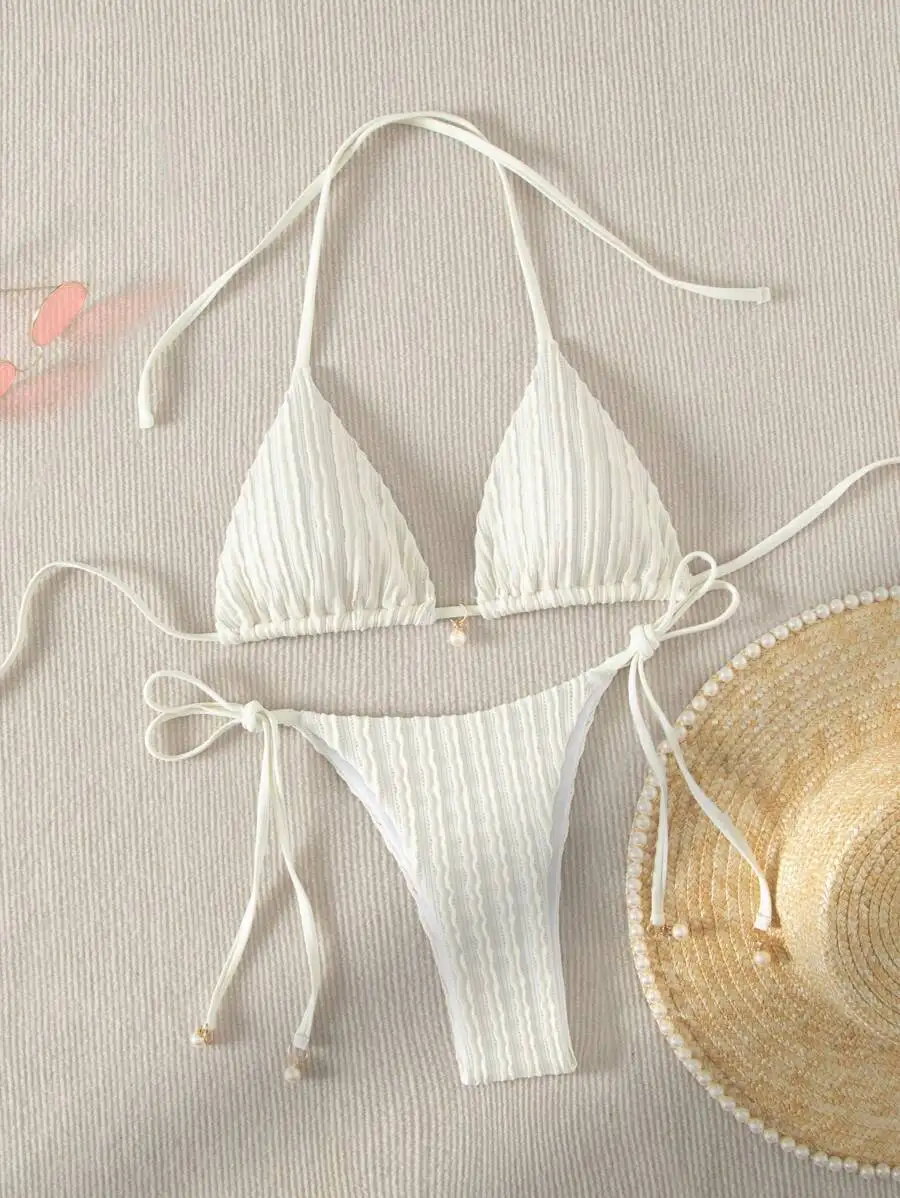 

White Ribbed Triangle Halter Bikini Set With Pearl Charms