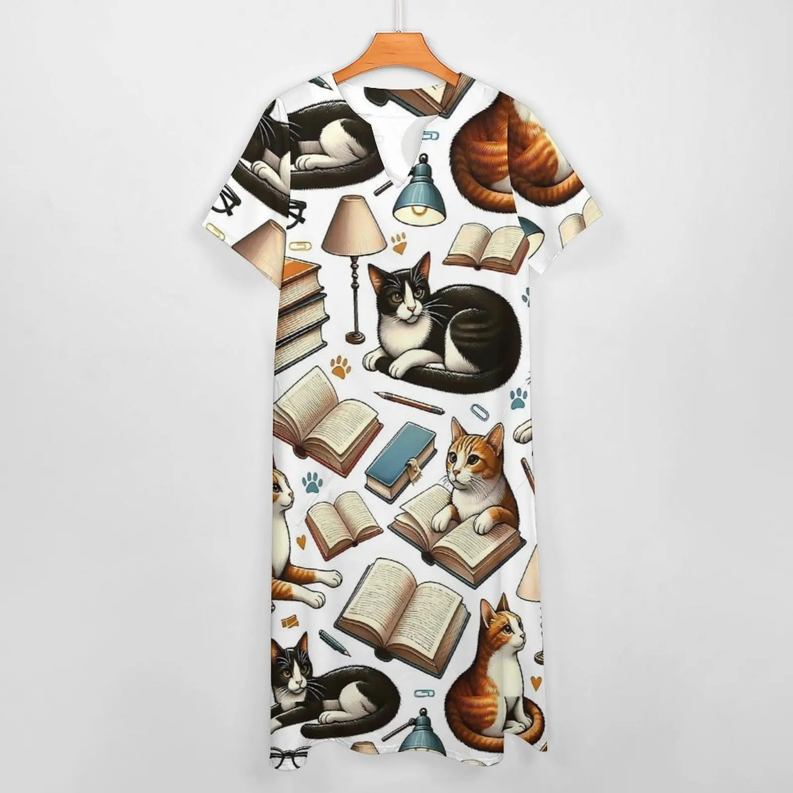 Library Cat Dress Summer Books and Cats Korean Fashion Casual Long Dresses Women Vintage Maxi Dress Birthday Present