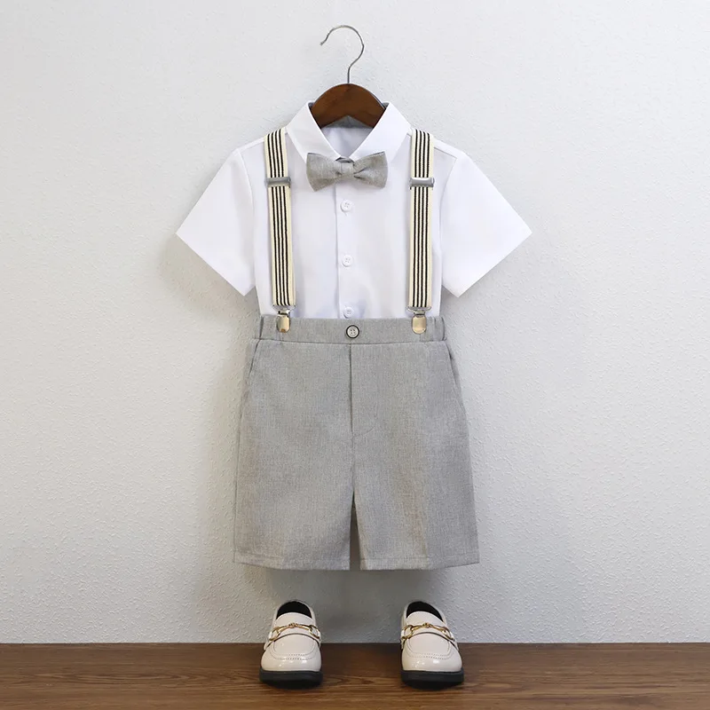 Child Short-sleeved Shirt Shorts Strap Bowtie Suit Summer Kid Boys Soft Breathable School Suit Formal Wedding Suit For 1-10Y Boy