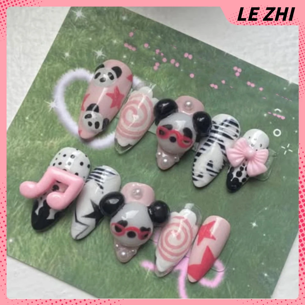 Cute Rabbit Bear Cat 3D Animals Press On Nails Art Stickers Strawberry Dot Pattern Note Almond Manicure Fake Nails view 5