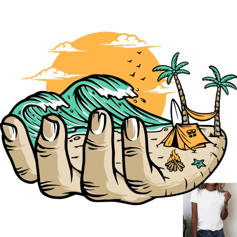 Vacation - style Hand - holding Wave & Beach Heat Transfer White Ink Iron - on Decal, Suitable for T - shirts & Canvas Bags,