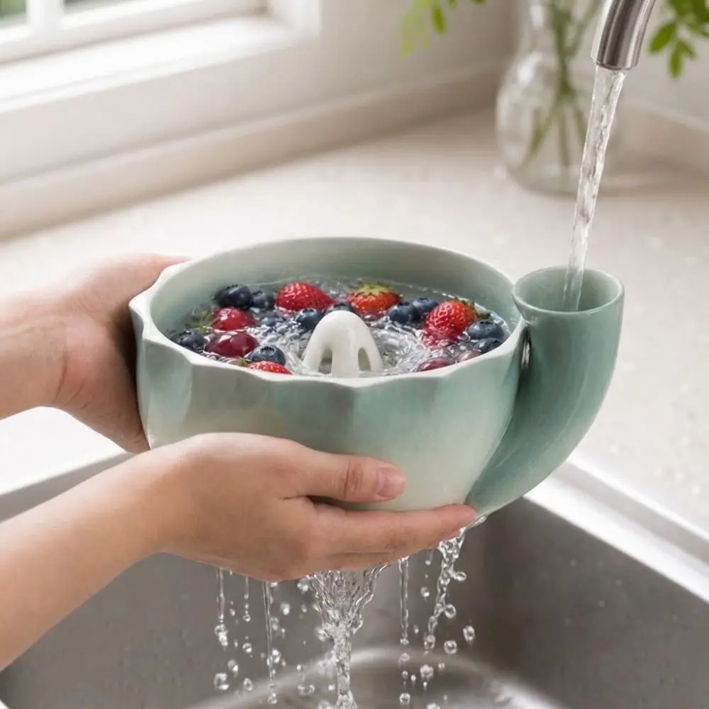 Ceramic Automatic Fruit Washing Bowl Large Capacity Self-spinning Swirl Berry Washing Drain Bowl Central Flow Guide Quick Drain