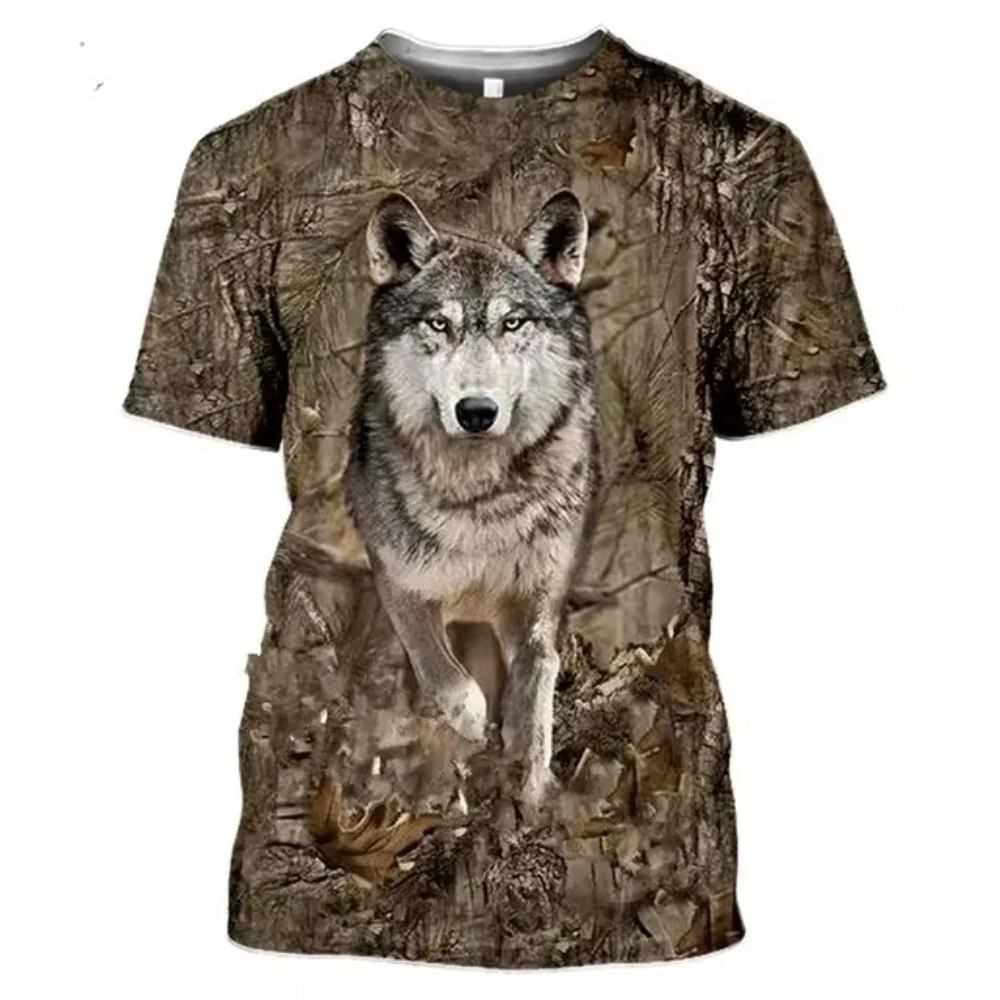 Men\'s and women\'s camouflage hunting animal 3D T-shirt, deer, wild boar, wolf print short sleev