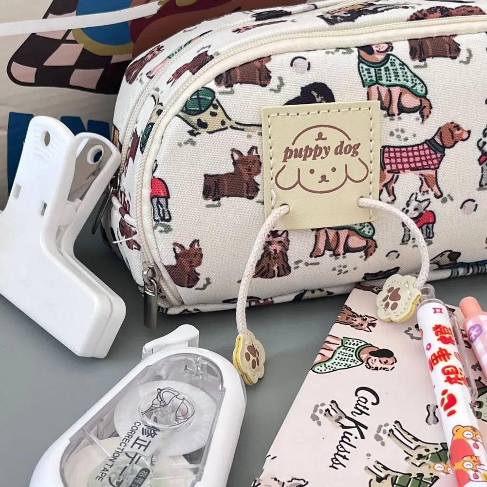 Puppy Print Pencil Case Creative Large Capacity Canvas Pen Bag Student Gift Stationery Organizer Stationery Bag