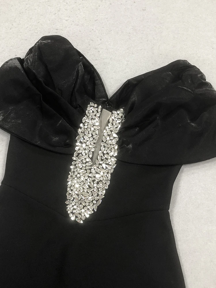 섹시한 오프숄더 다이아몬드 장식 롱 밴디지 드레스 여성용 블랙 반팔 크리스탈 바디콘 드레스 이브닝 파티 칵테일 가운