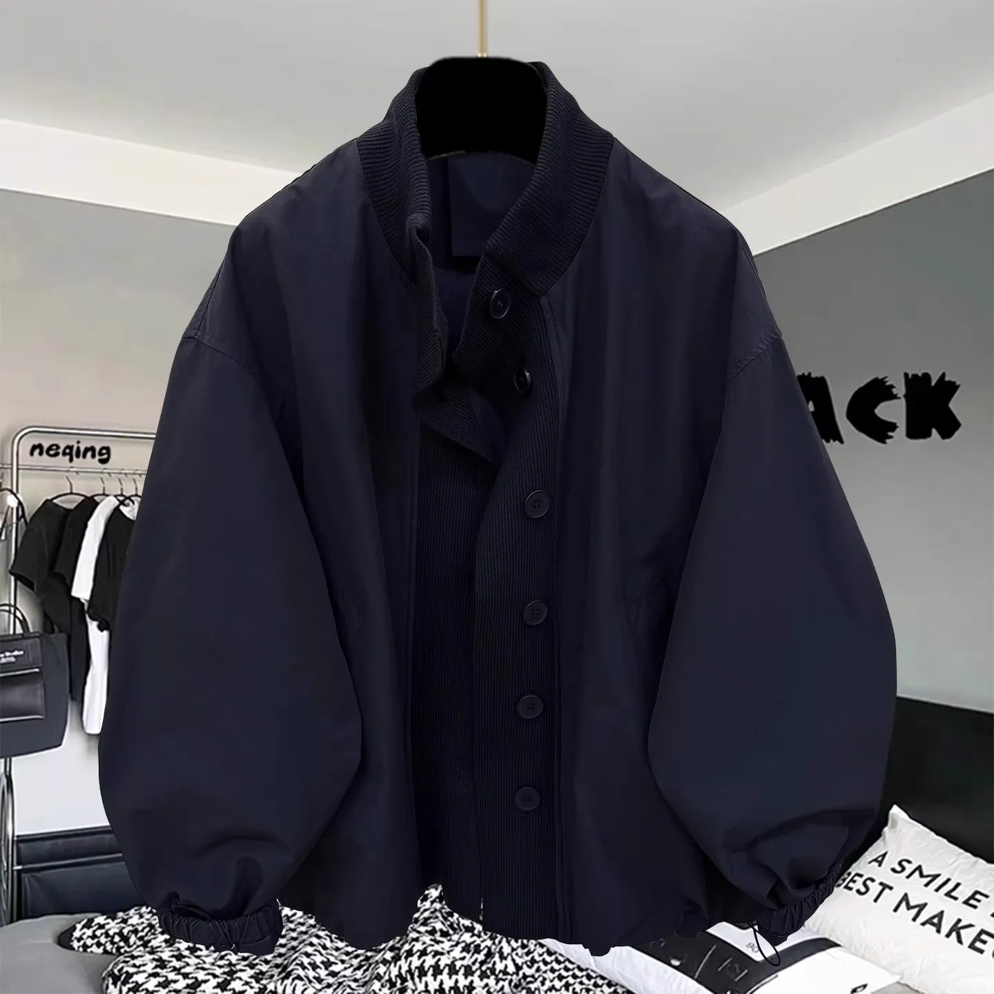 

Retro Large Size 300 Pou Color Blo Collar Long Sve Jaet Men Spring Autumn Loose Top Outerwear Polyester Fiber